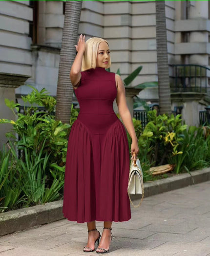 Burgundy pleated midi A-line dress, sleeveless high neckline, gathered skirt