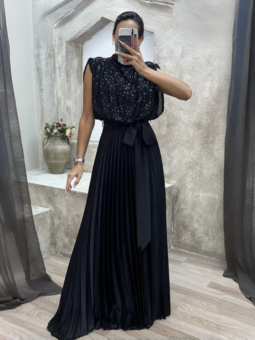 Black sleeveless high-neck sequin pleated maxi dress with waist bow