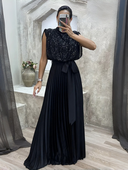 Black sleeveless high-neck sequin pleated maxi dress with waist bow