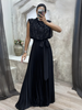 Black sleeveless high-neck sequin pleated maxi dress with waist bow