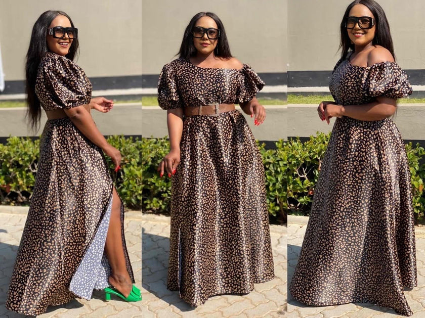 Elegant Floral Print Midi Dress with Puffed Sleeves