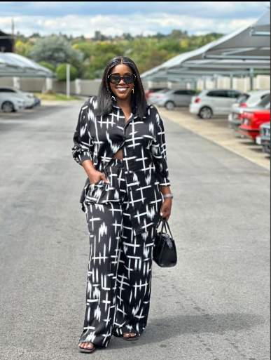 Black and white patterned twin set: button-up top and wide-leg trousers