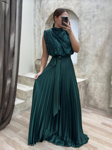 Green sleeveless high-neck sequin pleated maxi dress with matching waist tie