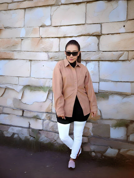 Loose fit long-sleeve shirt in dark salmon, button-front with chest pocket