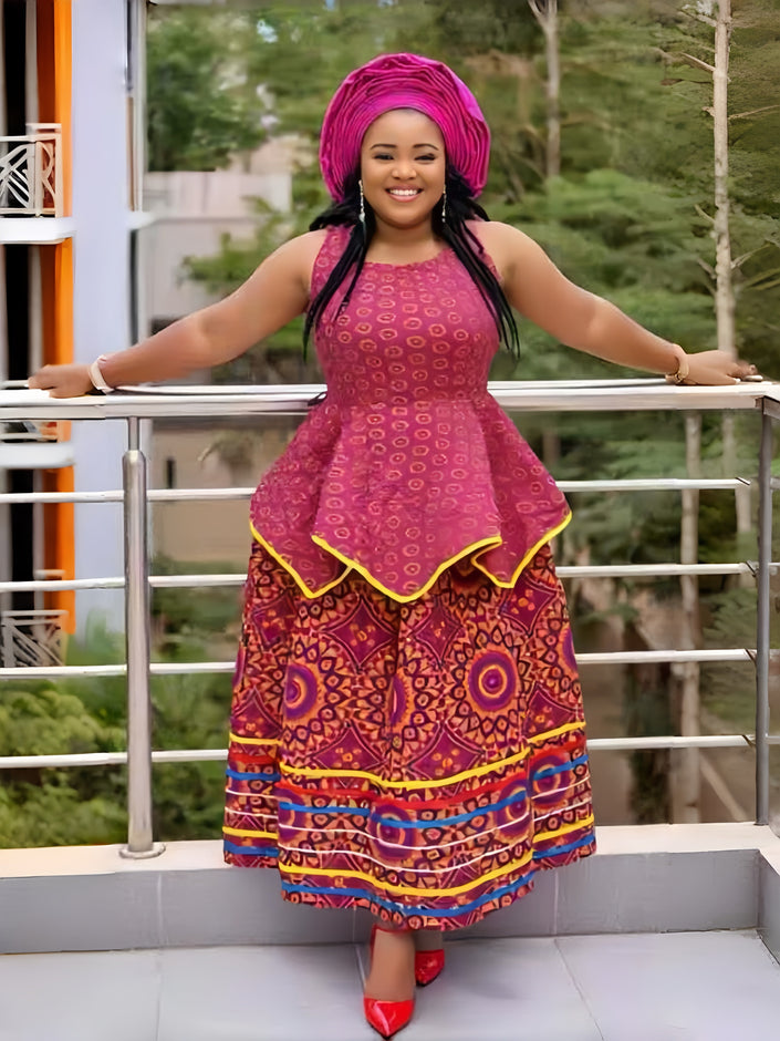 Ethnic Style Maxi Dress Geometric High Waist Flared