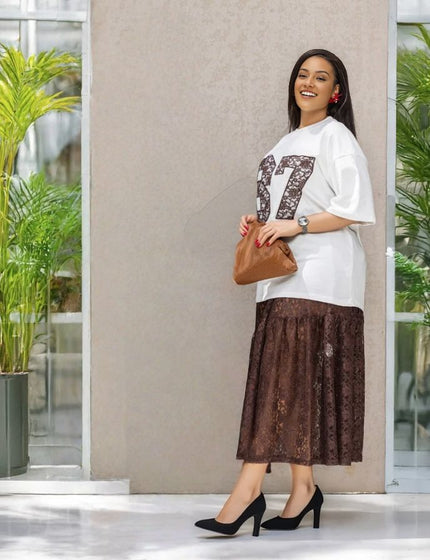 Two-piece lace skirt and tee outfit: white 87 graphic tee with dark lace midi skirt