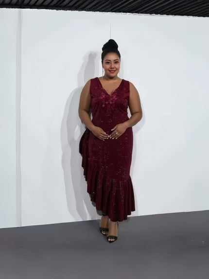 Maroon asymmetrical ruffle midi evening dress, sleeveless V-neck with layered skirt