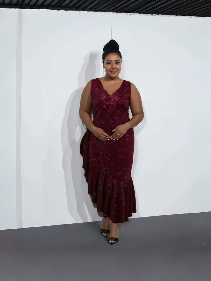 Maroon asymmetrical ruffle midi evening dress, sleeveless V-neck with layered skirt