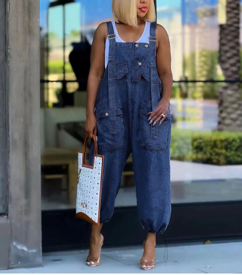 Denim Bib Overalls with Wide-Leg Pants Design