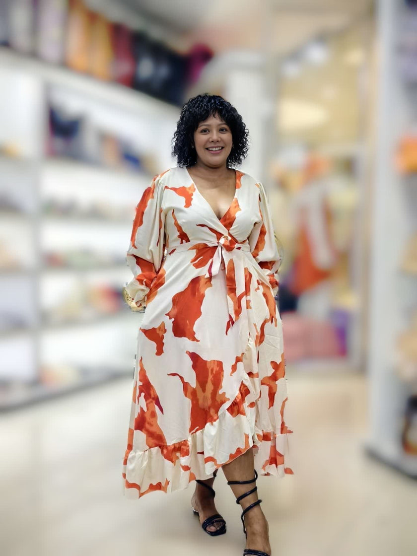 Mid-Length Tie-Waist Dress with Abstract Print