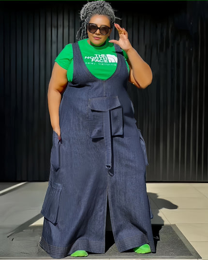 Plus size denim overall dress with front bib pocket and side pockets