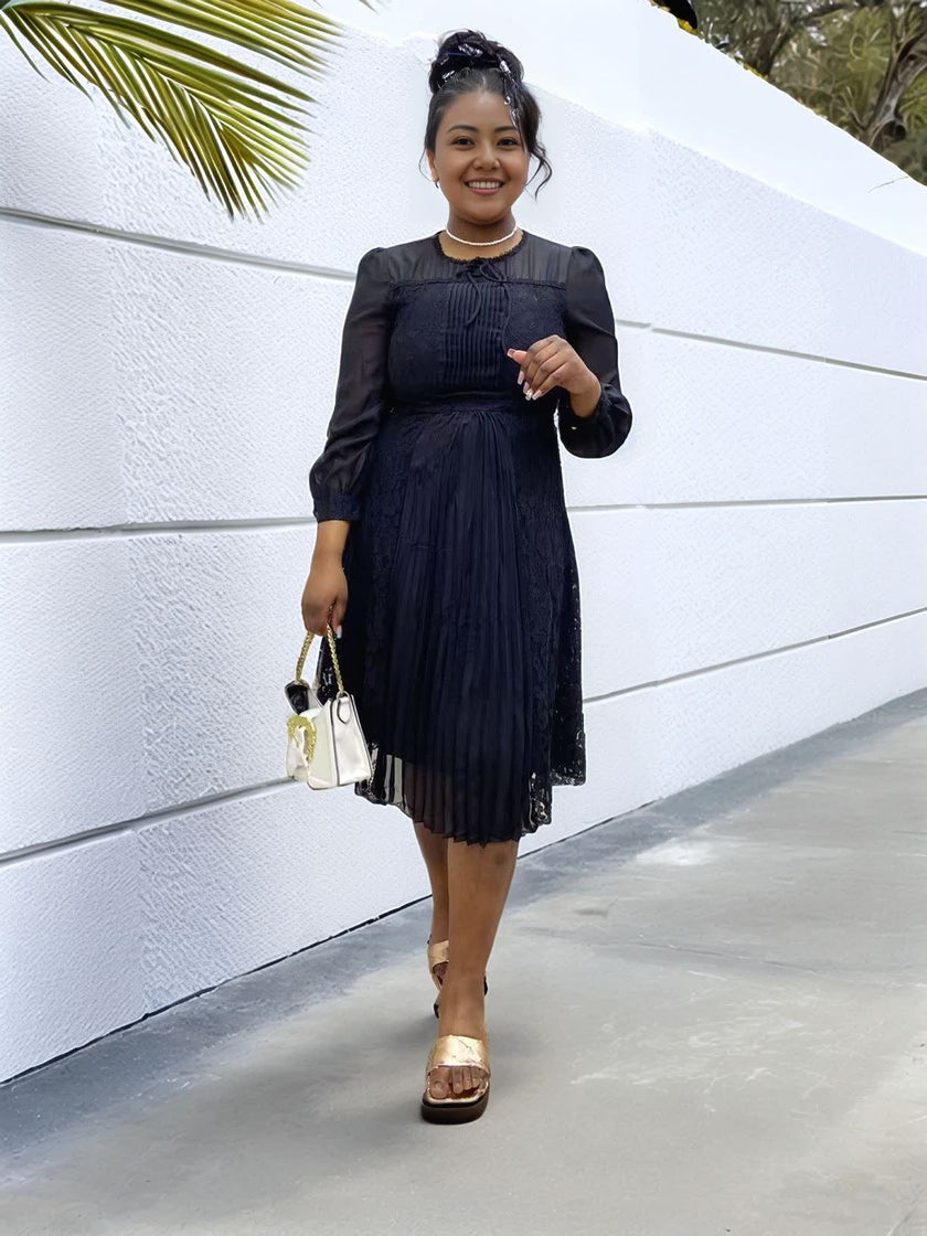 Romantic Lace Bow-Tie Midi Dress with Pleated Front and Buttoned Long Sleeves