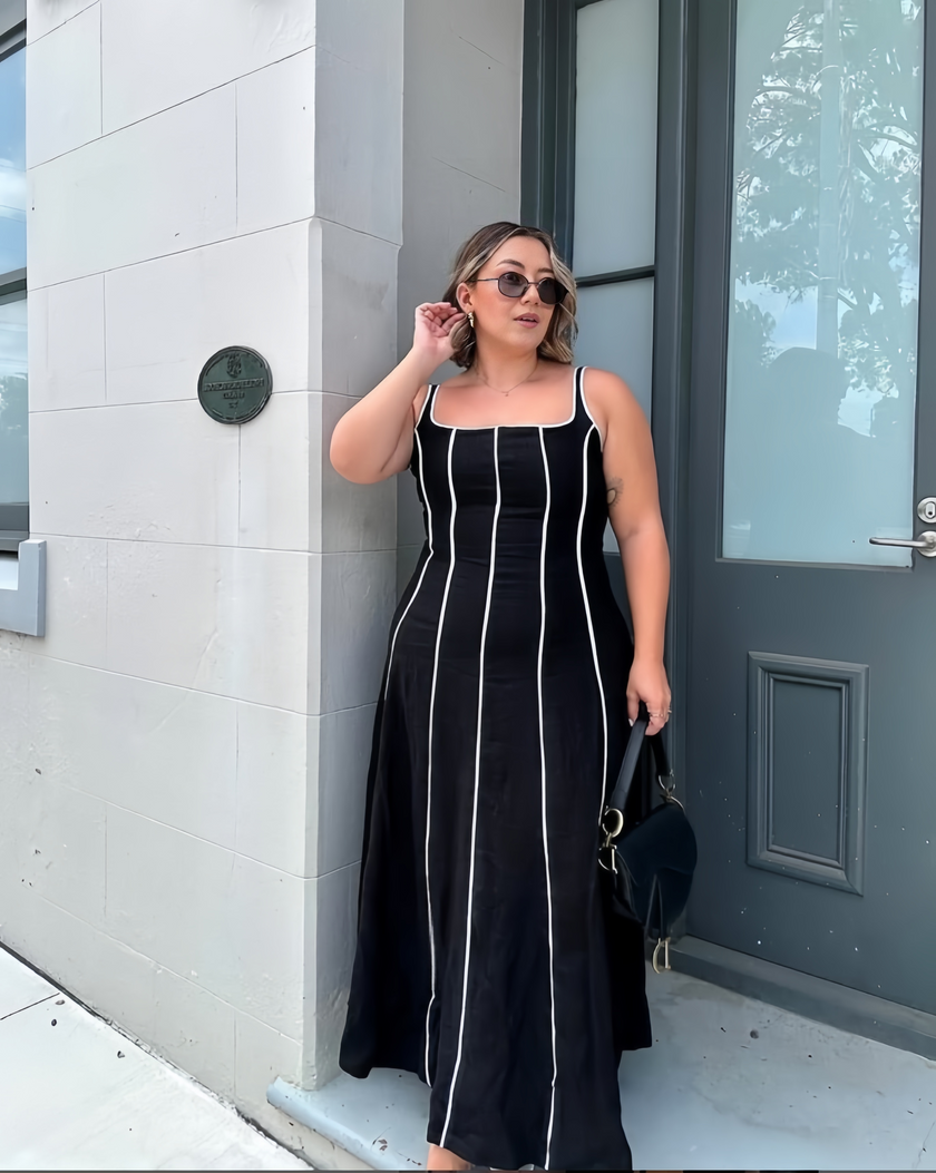 Women's Sleeveless A-Line Dress with Vertical Stripes and Square Neckline