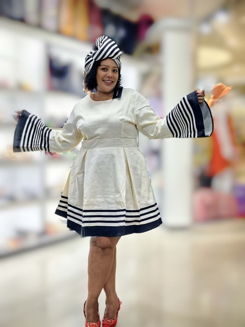 Flared Skirt Dress with Horizontal Hem Stripes and Bell Sleeves