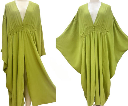 Loose-fit maxi dress, V-neck, gathered waist, lime green