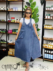 Dark blue denim wrap maxi dress with adjustable straps and large front patch pocket