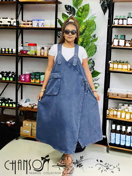Dark blue denim wrap maxi dress with adjustable straps and large front patch pocket