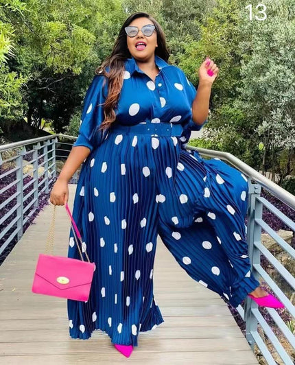Blue polka dot pleated wide-leg jumpsuit, button front and waist belt