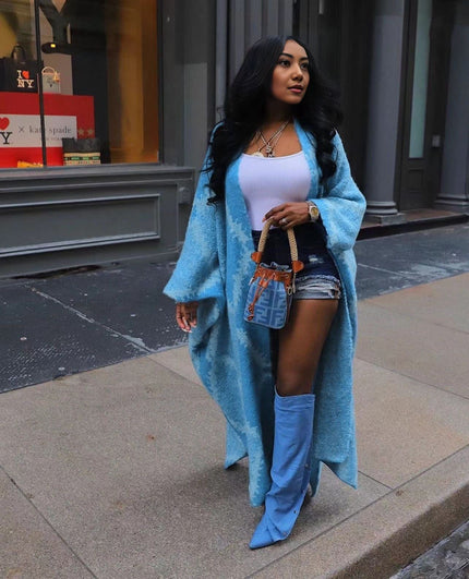Sky-blue oversized shawl coat with geometric knit pattern, open front