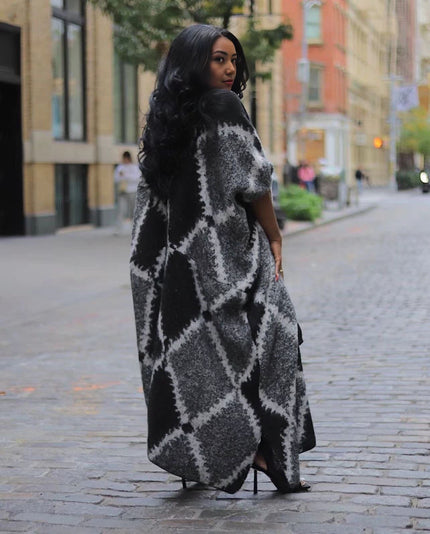 Black oversized shawl coat with gray geometric knit pattern, open front