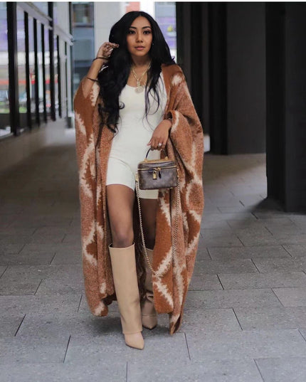 Chocolate-brown oversized shawl coat with geometric knit pattern, open front