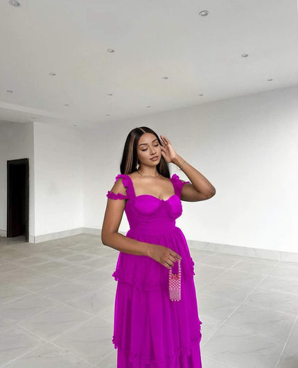 Purple sleeveless tiered ruffle maxi dress with sweetheart neckline and ruffled sleeves