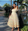Women's Floral Embroidered Puff Sleeve Midi Dress with Square Neckline and Fitted Waist