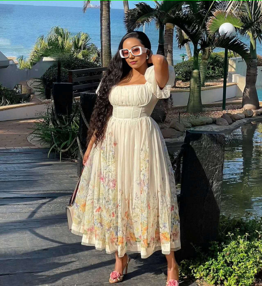 Women's Floral Embroidered Puff Sleeve Midi Dress with Square Neckline and Fitted Waist