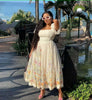 Women's Floral Embroidered Puff Sleeve Midi Dress with Square Neckline and Fitted Waist