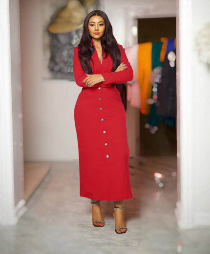 Red V-neck button maxi dress with long sleeves and fitted waist