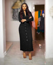 Black V-neck button maxi dress with long sleeves and fitted waist