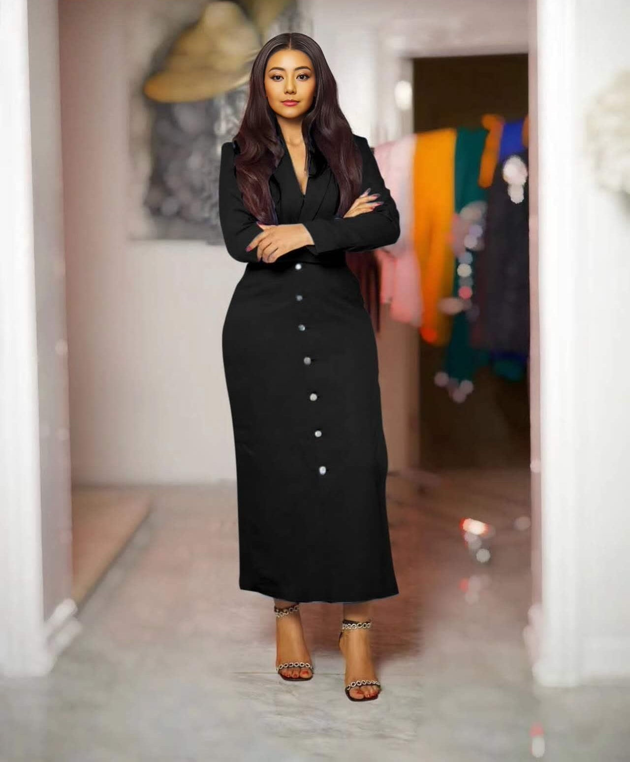 Black V-neck button maxi dress with long sleeves and fitted waist