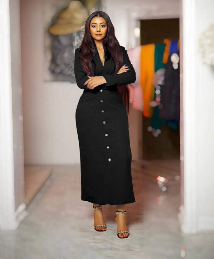 Black V-neck button maxi dress with long sleeves and fitted waist