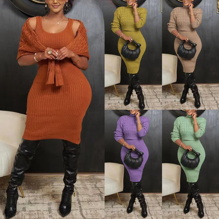 Orange ribbed knit cold-shoulder midi dress, fitted