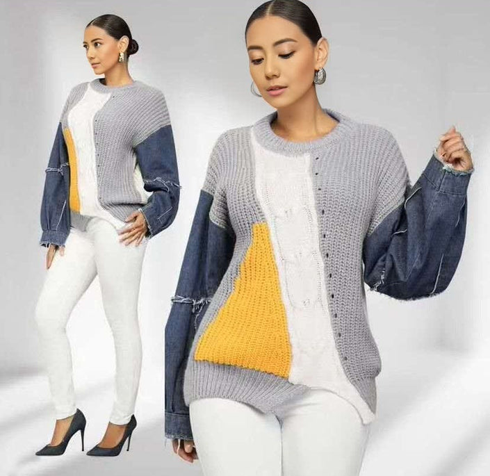 Knit sweater with denim-look sleeves, grey body and white front panel with yellow patch