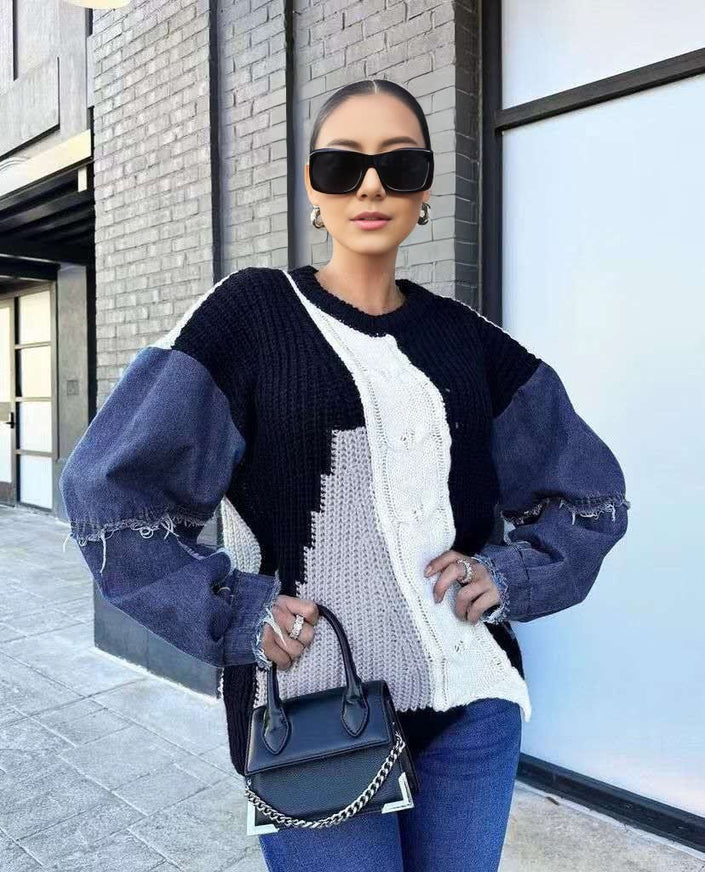 Knit sweater with denim-look sleeves, dark navy body and white front panel