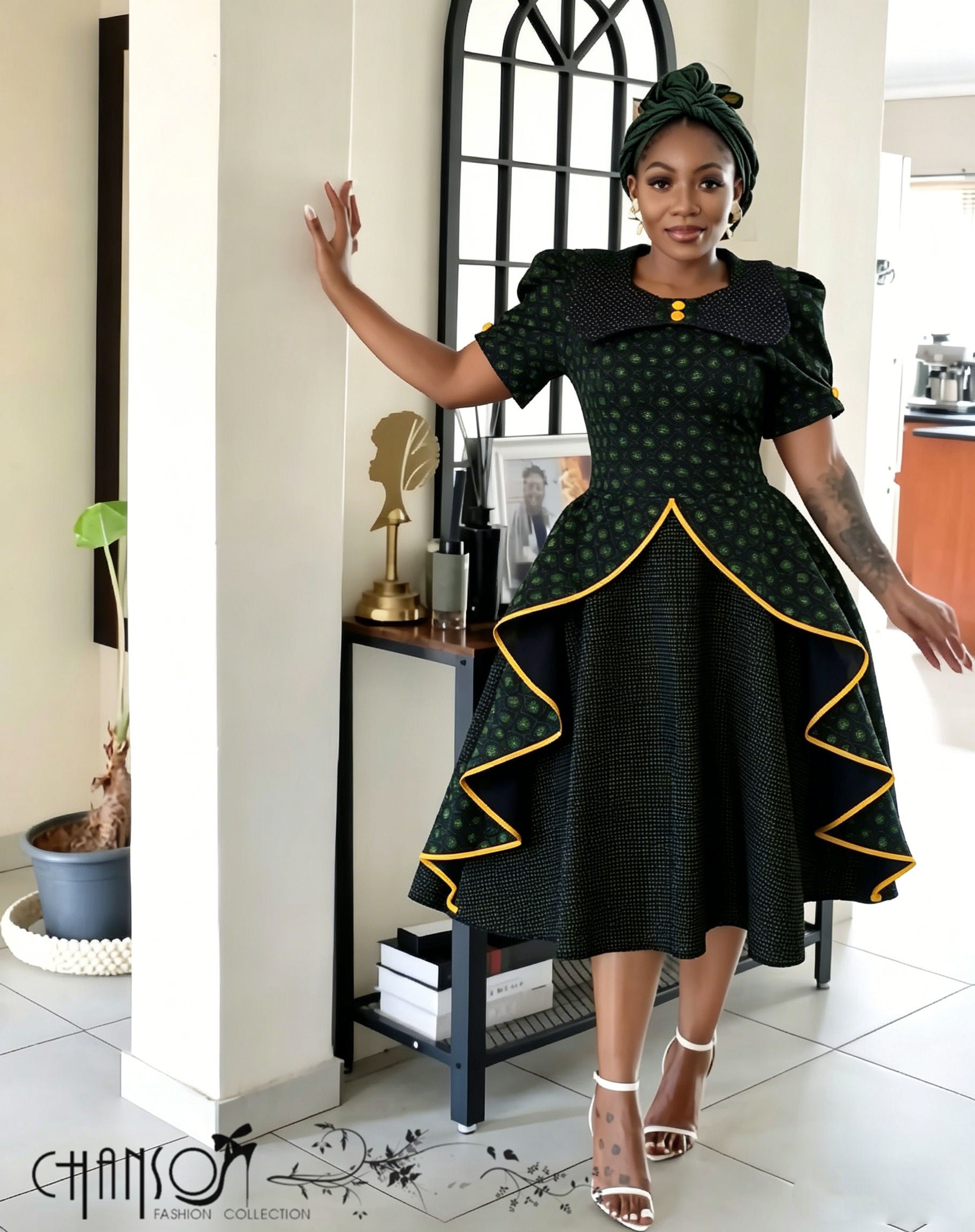 Dark green midi dress with puff sleeves and yellow-trim flared hem
