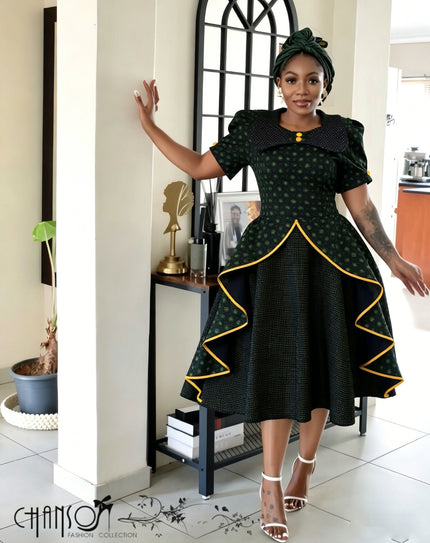 Dark green midi dress with puff sleeves and yellow-trim flared hem