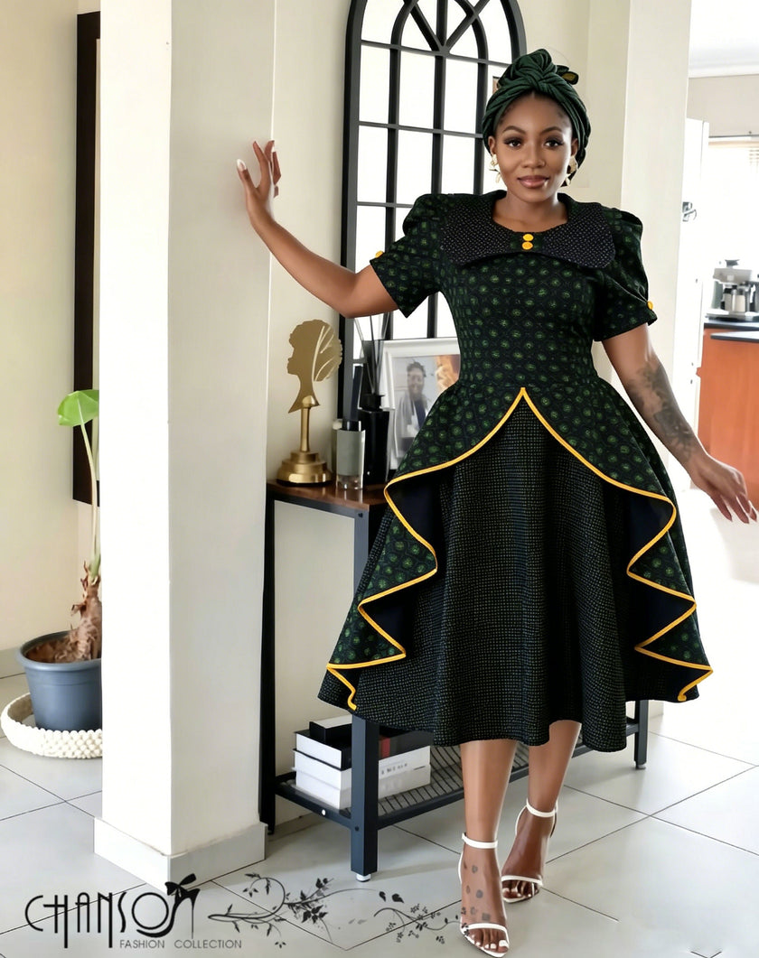 Dark green midi dress with puff sleeves and yellow-trim flared hem