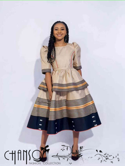 Puff-sleeve striped heritage midi dress with gathered waist and tiered skirt border