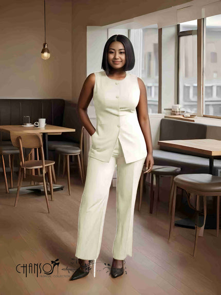 Sleeveless blazer and straight trouser twin set, white