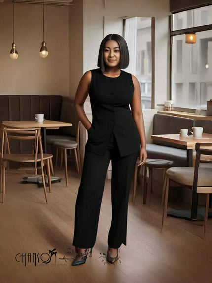 Sleeveless blazer and straight trouser twin set, black