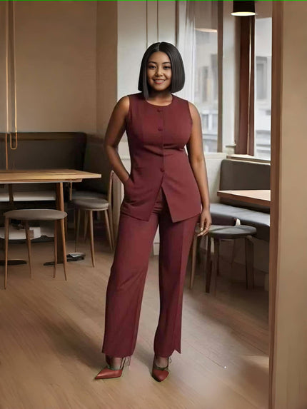 Sleeveless blazer and straight trouser twin set, maroon