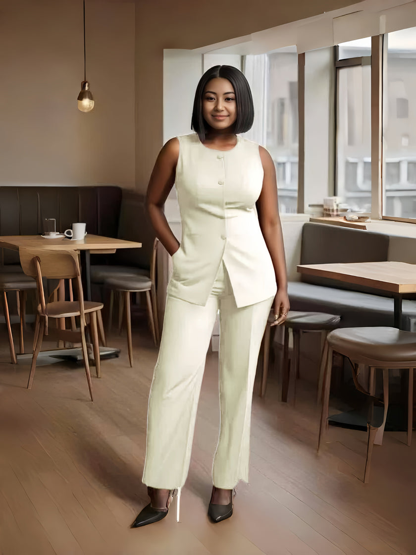 Sleeveless Blazer and Straight-Leg Pants Two-Piece Set