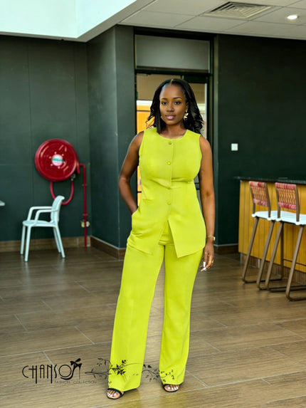Sleeveless blazer and straight trouser twin set, lime green