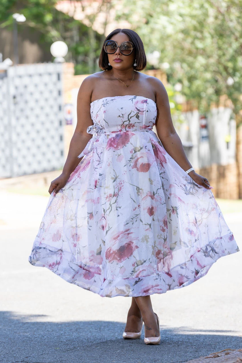 Floral Strapless A-Line Midi Dress