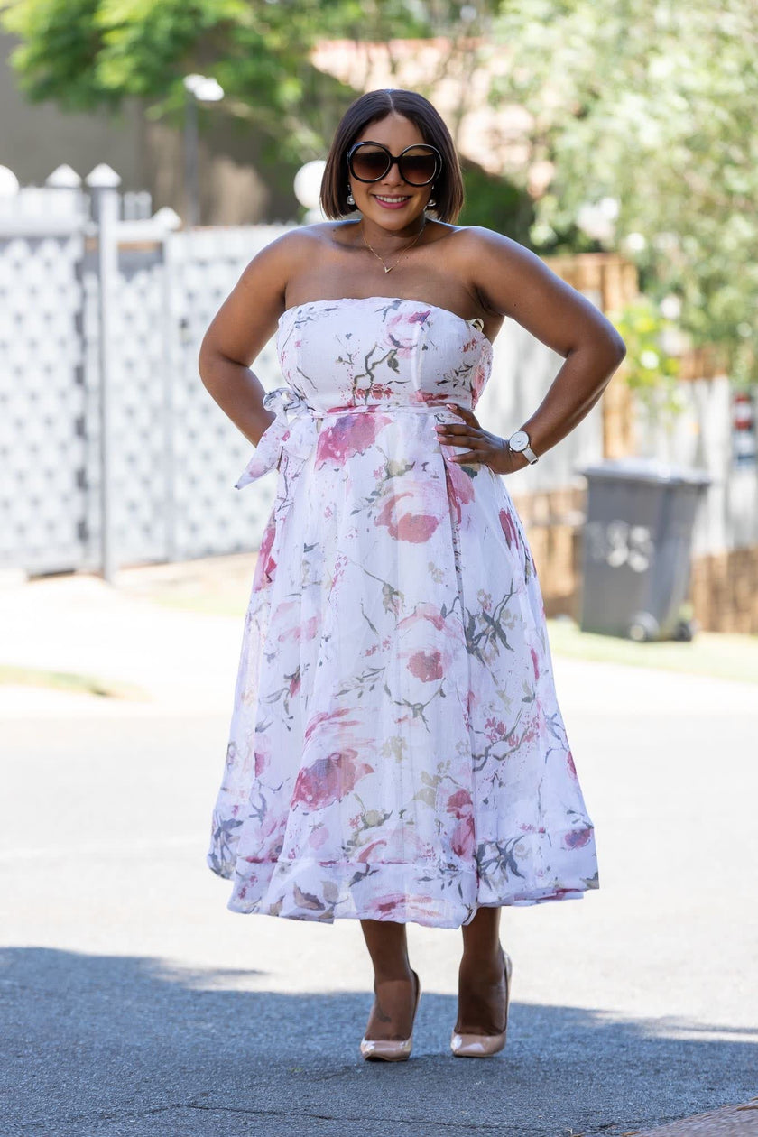 Floral Strapless A-Line Midi Dress