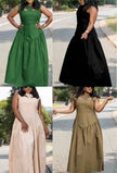 Pleated maxi dress with sleeveless cutout bodice and tiered skirt, four colors