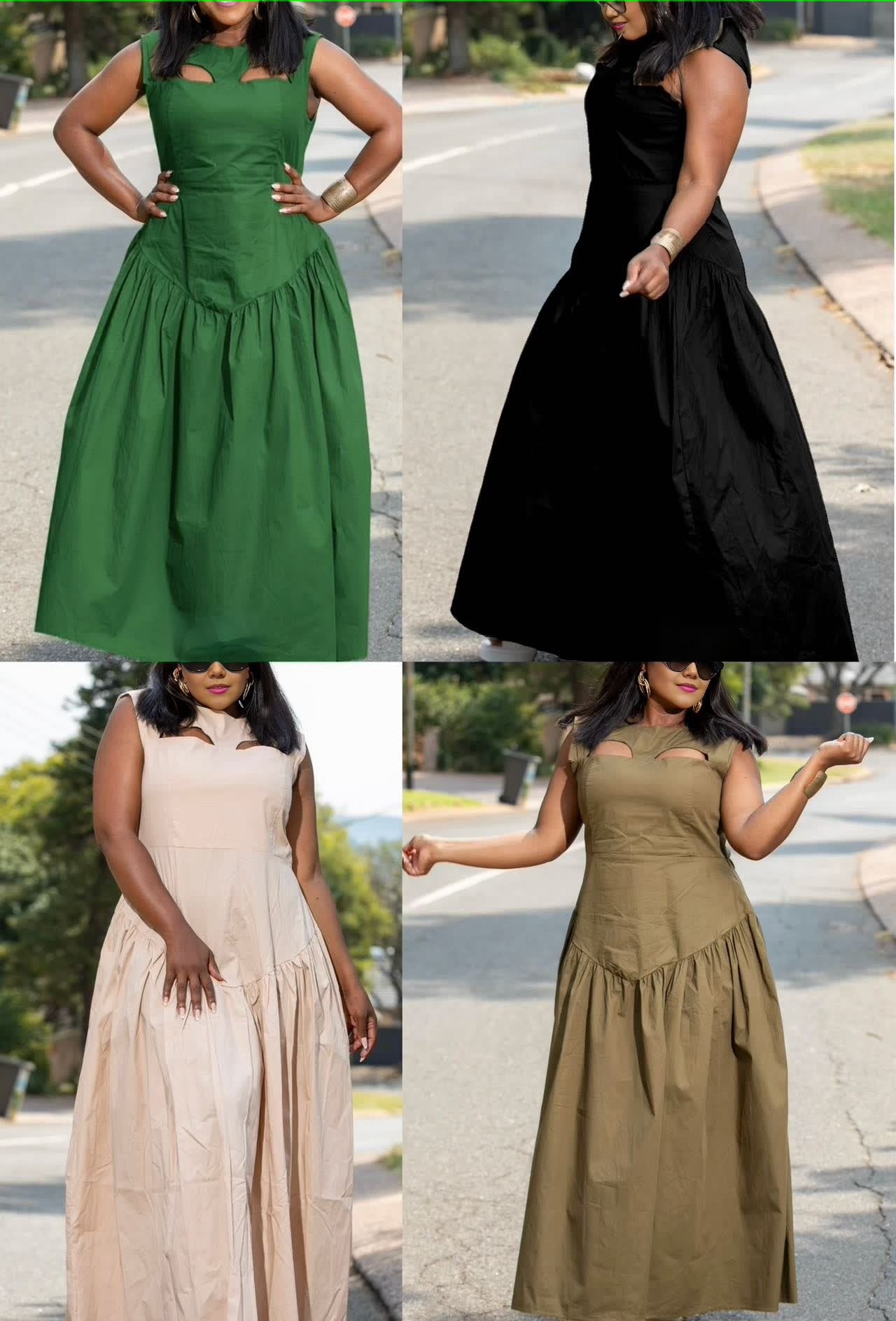 Pleated maxi dress with sleeveless cutout bodice and tiered skirt, four colors