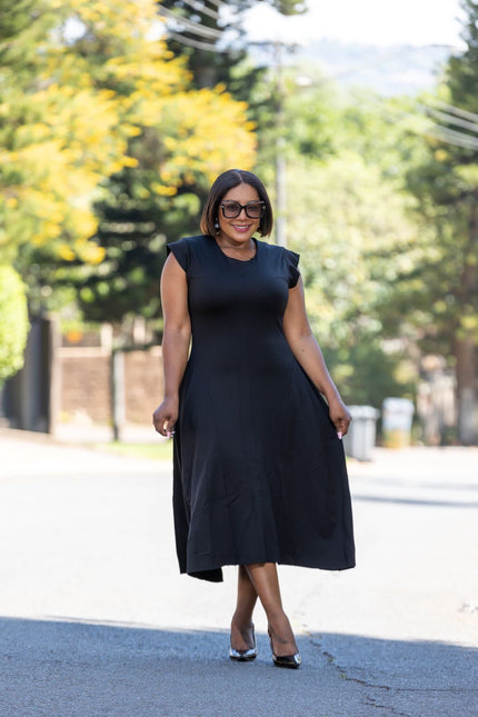 Black A-line midi dress, sleeveless with round neckline and flared skirt
